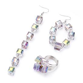 Glass Beads Rings & Earrings Jewelry Sets, with Brass & Iron Findings, Cube, Platinum