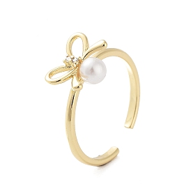 Rack Plating Brass Micro Pave Cubic Zirconia Open Cuff Rings, with Plastic Imitation Pearl, Cadmium Free & Lead Free, Long-Lasting Plated, Bowknot