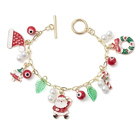 Christmas Theme Alloy Enamel Charm Bracelets for Women, with Brass Paperclip Chains and Evil Eye Lampwork Beads