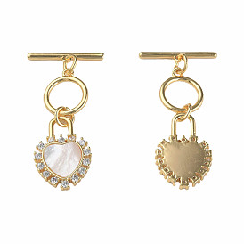 Brass Micro Pave Clear Cubic Zirconia Toggle Clasps, with Shell, Nickel Free, Heart