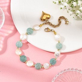 Faceted Natural Amazonite & Natural Cultured Freshwater Pearl Coin Beaded Bracelets with Brass Round Beads