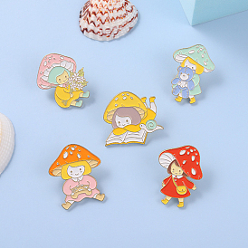 Cartoon Mushroom Girl with Flower/Book/Bear Enamel Pin for Women, Alloy Brooch for Backpack Clothes