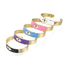 Enamel Evil Eye Flat Band Open Cuff Bangle, Brass Jewelry for Women, Real 18K Gold Plated, Nickel Free