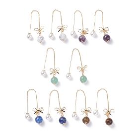 Butterfly with Long Chain Tassel Ear Thread for Girl Women, Natural Mixed Stone Round Beads Drop Earrings, Golden