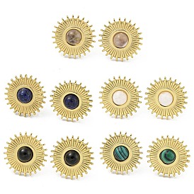 Real 18K Gold Plated 304 Stainless Steel Flat Round Stud Earrings, with Natural & Synthetic Mixed Stone