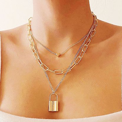 Multi-layer Alloy Heart Lock Pendant Necklace - European and American Style, Safe Lock, Versatile.