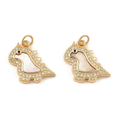 Brass Cubic Zirconia with Shell Pendants, Long-Lasting Plated, Lead Free & Cadmium Free, Dinosaur