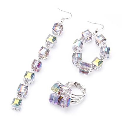 Glass Beads Rings & Earrings Jewelry Sets, with Brass & Iron Findings, Cube, Platinum