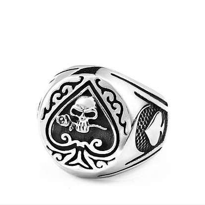 Titanium Steel Spades with Skull Signet Ring, Gothic Jewelry for Women Men