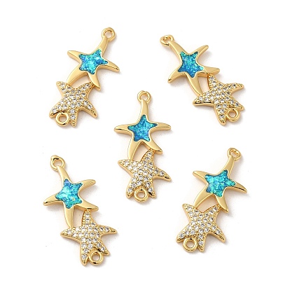 Rack Plating Brass Micro Pave Clear Cubic Zirconia Connector Charms, Star Links with Synthetic Opal, Lead Free & Cadmium Free, Long-Lasting Plated