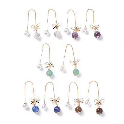 Butterfly with Long Chain Tassel Ear Thread for Girl Women, Natural Mixed Stone Round Beads Drop Earrings, Golden