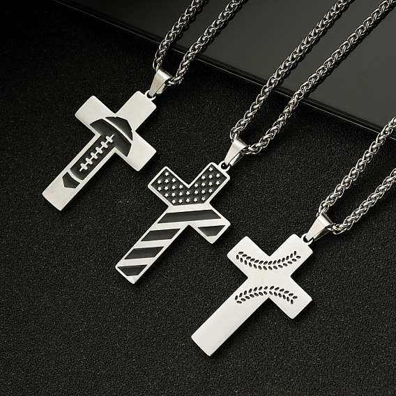 201 Подвеска в виде черного креста из нержавеющей стали с эмалью, цепочка с пшеничным колосом