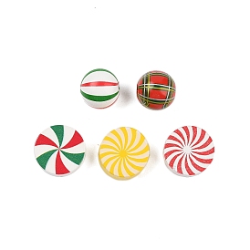 Wood European Beads, Christmas Stripe Beads, Flat Round