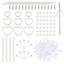 Kit de fabricación de aretes de gota de corazón de bricolaje, incluyendo 304 anillo de eslabón de acero inoxidable y gancho para pendientes y pasador y cadenas finales y anillos de salto, tuercas de plástico