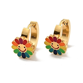 Colorful Enamel Sunflower Hoop Earrings, Ion Plating(IP) 304 Stainless Steel Jewelry for Women