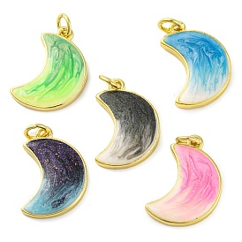 Brass Enamel Pendants, with Glitter and Jump Ring, Long-Lasting Plated, Real 18K Gold Plated, Moon Charm