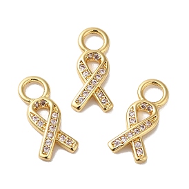 Rack Plating Brass Pave Cubic Zirconia Charms, Lead Free & Cadmium Free, Real 18K Gold Plated, Long-Lasting Plated, Awareness Ribbon Charm