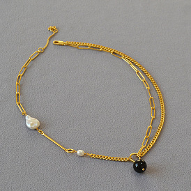 Vintage Brass Gold-plated Chain Baroque Pearl Black Onyx Double-layer Short Necklace