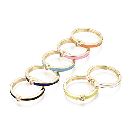 Adjustable Brass Micro Pave Clear Cubic Zirconia Finger Rings, with Enamel, Nickel Free, Triangle, Real 16K Gold Plated