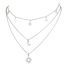 Brass 3 Layer Necklaces for Women, Stainless Steel Star & Moon & Sun Pendant Necklaces