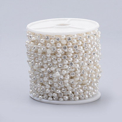 Flower ABS Plastic Imitation Pearl Beaded Trim Garland Strands, with Spool, Glass Rhinestones, for Wedding