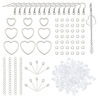 Kit de fabricación de aretes de gota de corazón de bricolaje, incluyendo 304 anillo de eslabón de acero inoxidable y gancho para pendientes y pasador y cadenas finales y anillos de salto, tuercas de plástico