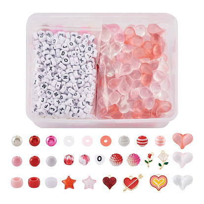DIY-Schmuckherstellungsset für den Valentinstag, Fimo-Scheibe & Harz & Buchstaben-Acryl- & Glas-Kürbisperlen, Emaille-Anhänger in Herz- und Rosenlegierung