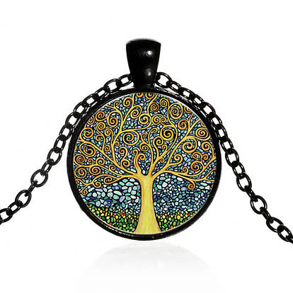 Tree of Life Time Gem Necklace, Glass Pendant Necklace with Alloy Chains for Women