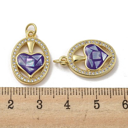 Brass Micro Pave Cubic Zirconia Pendants, with Enamel Shell, Oval with Heart