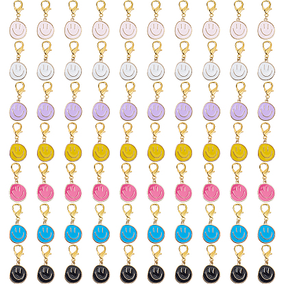 70 шт. 7 цвета сплав эмаль плоская круглая подвеска с улыбающимся лицом украшения, с карабин-лобстерами , золотые