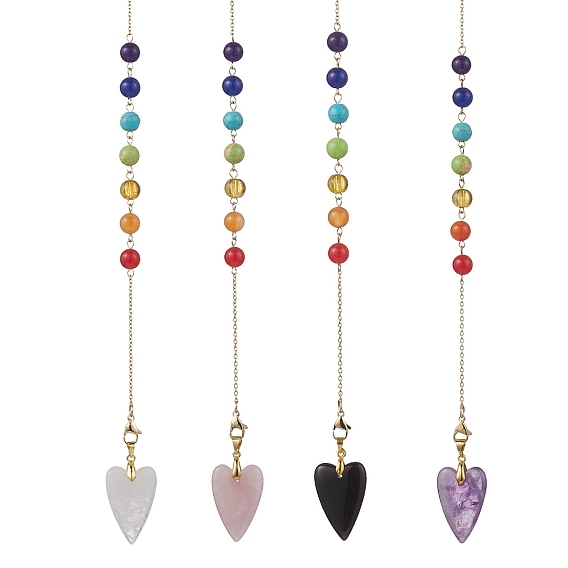 4шт. натуральный обсидиан, аметист, розовый кварц и кварцевый кристалл в форме сердца для биолокации маятников, с круглой бусиной из натуральных и синтетических драгоценных камней чакры и 304 цепочками из нержавеющей стали