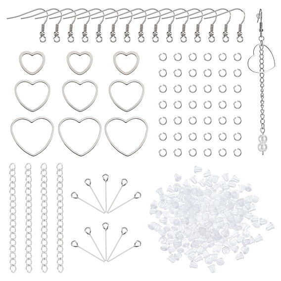 DIY Heart Drop Earring Making Kit, Including 304 Stainless Steel Linking Ring & Earring Hook & Pin & End Chains & Jump Rings, Plastic Ear Nuts