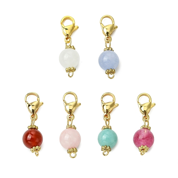 6pcs pendentifs décoratifs ronds en quartz rose naturel, amazonite, quartz, cornaline et jade blanc, fermoirs à pinces de homard, breloques pour ornements de sacs