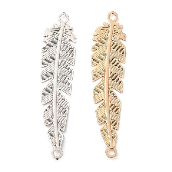 Rack Plating Brass Connector Charms, Etched Metal Embellishments, Long-Lasting Plated, Feather Links