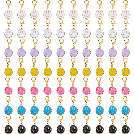 70 шт. 7 цвета сплав эмаль плоская круглая подвеска с улыбающимся лицом украшения, с карабин-лобстерами , золотые