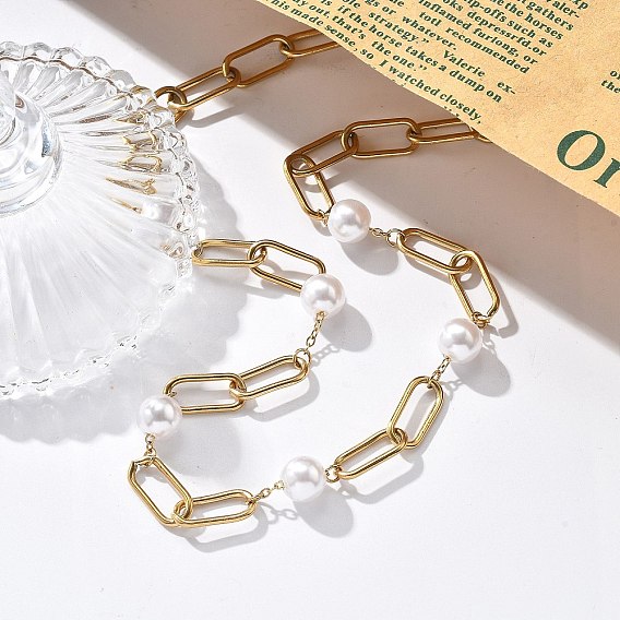 Ионное покрытие (IP) 304 ожерелья-цепочки с овальными звеньями из нержавеющей стали для женщин, с белыми пластиковыми жемчужными бусинами