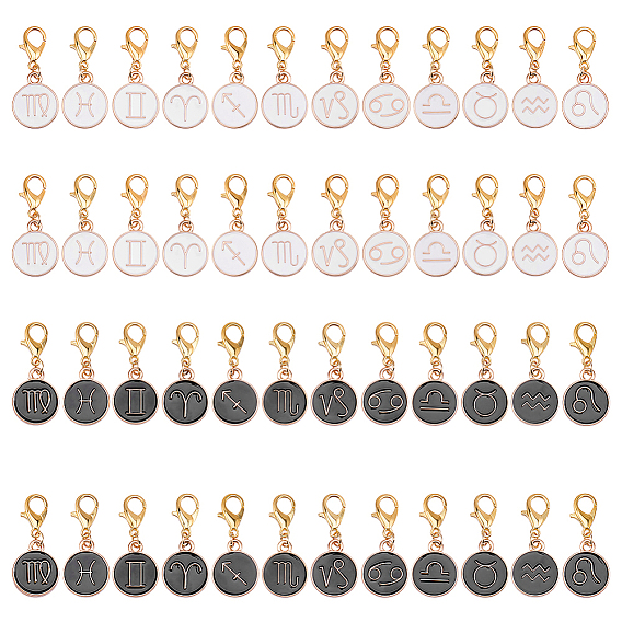 48 pcs 2 décorations de pendentif en alliage d'émail de couleurs, avec alliage de zinc homard fermoirs pince, plat rond avec constellation