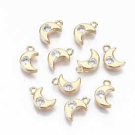 Brass Micro Pave Cubic Zirconia Charms, Light Gold, Long-Lasting Plated, Cadmium Free & Lead Free, Moon