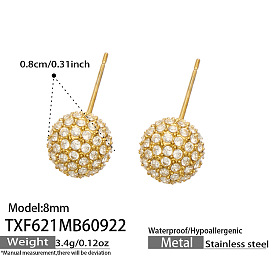 304 Stainless Steel Micro Pave Cubic Zirconia Ball Stud Earrings, Round