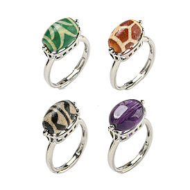 Oval Natural Gemstone Adjustable Rings, Platinum Plated Brass Ring for Unisex