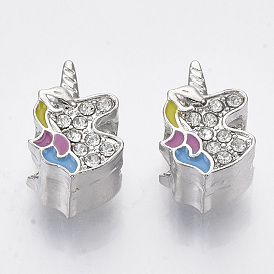 Alloy Enamel European Beads, with Crystal Rhinestone, Unicorn, Platinum