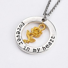 Collares pendientes, con los colgantes de la aleación, 304 cadenas rolo de acero inoxidable y cierres de pinza de langosta, anillo rosa y redondo con palabra para siempre en mi corazón