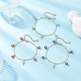 Brass Enamel Charms Bracelets, Brass Bar Link Chains Bracelets for Women, Evil Eye & Cross