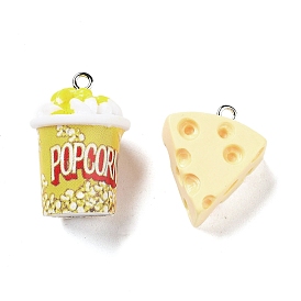 Opaque Resin Pendants, Imitation Food Charms with Platinum Iron Loops, Cheese/Popcorn