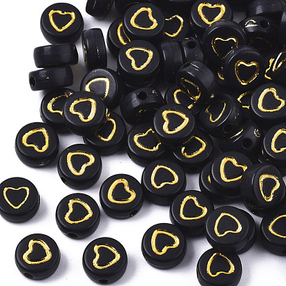 Opaque Acrylic Beads, Flat Round with Heart, Golden Plated
