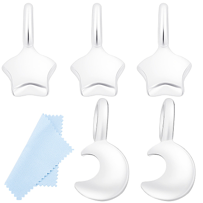 8 Stück 2 Motive: Mond & Stern 925 Anhänger aus Sterlingsilber, mit 925 Stempel, silberfarben plattiert und 1pc Poliertuch