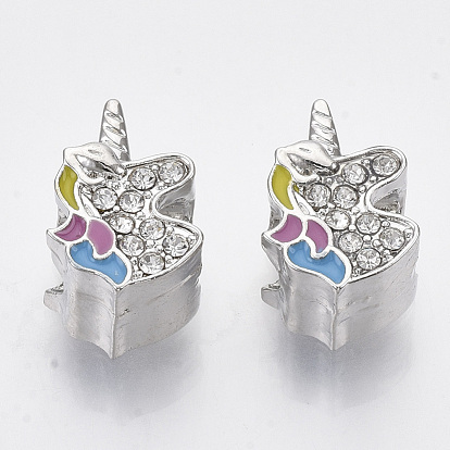 Alloy Enamel European Beads, with Crystal Rhinestone, Unicorn, Platinum