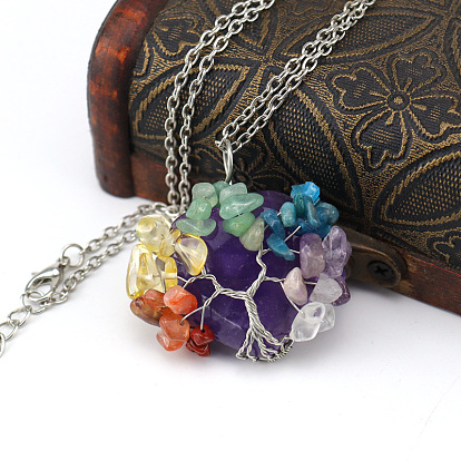 Natural Gemstone Heart Pendant Necklaces, Alloy Cable Chain Necklace, with Mixed Gemstone Chip Copper Wire Wrapped Tree of Life