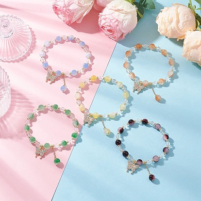 5шт. браслеты из хрустального имитационного нефрита и прозрачного стекла с бусинами, браслеты с подвесками в виде бабочек из сплава и страз для женщин