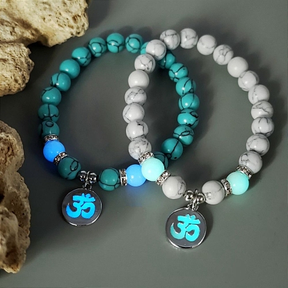 Natural & Synthetic Mixed Gemstone Stretch Bracelet, with Luminous Glow in the Dark Alloy Yoga Charms